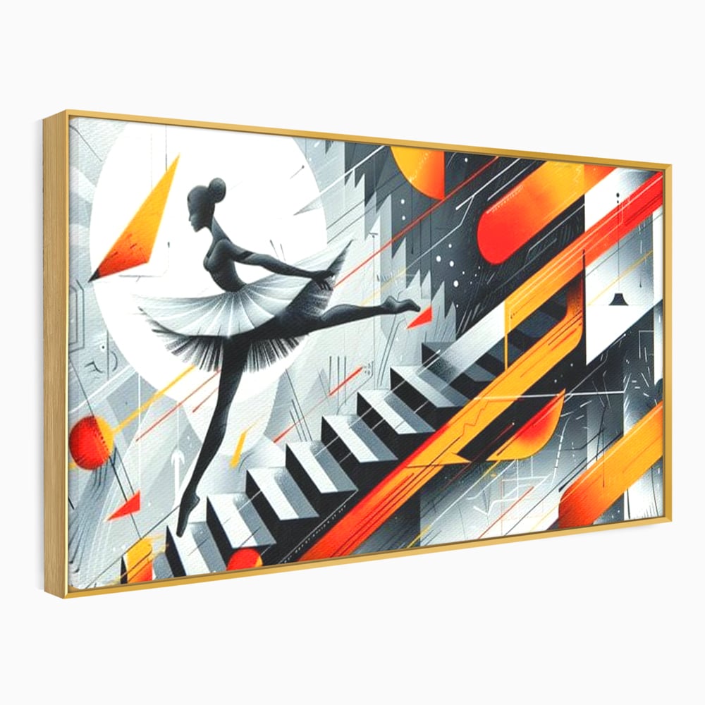Tablou canvas cu tablou canvas cu balerina pe scari si cosmos, in rama de aluminiu auriu